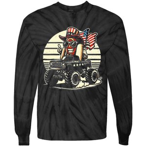 Hotdog Riding Monster Truck 4th Of July Usa Flag Tie-Dye Long Sleeve Shirt