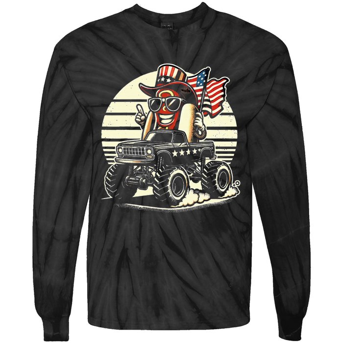 Hotdog Riding Monster Truck 4th Of July Usa Flag Tie-Dye Long Sleeve Shirt