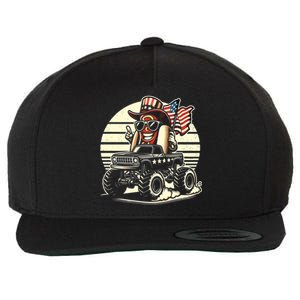 Hotdog Riding Monster Truck 4th Of July Usa Flag Cute Hotdog Gift Wool Snapback Cap