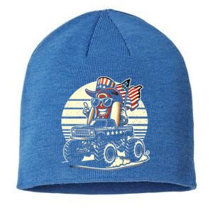 Hotdog Riding Monster Truck 4th Of July Usa Flag Cute Hotdog Gift Sustainable Beanie