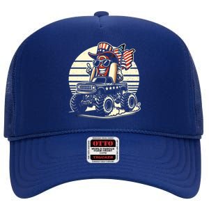 Hotdog Riding Monster Truck 4th Of July Usa Flag Cute Hotdog Gift High Crown Mesh Back Trucker Hat