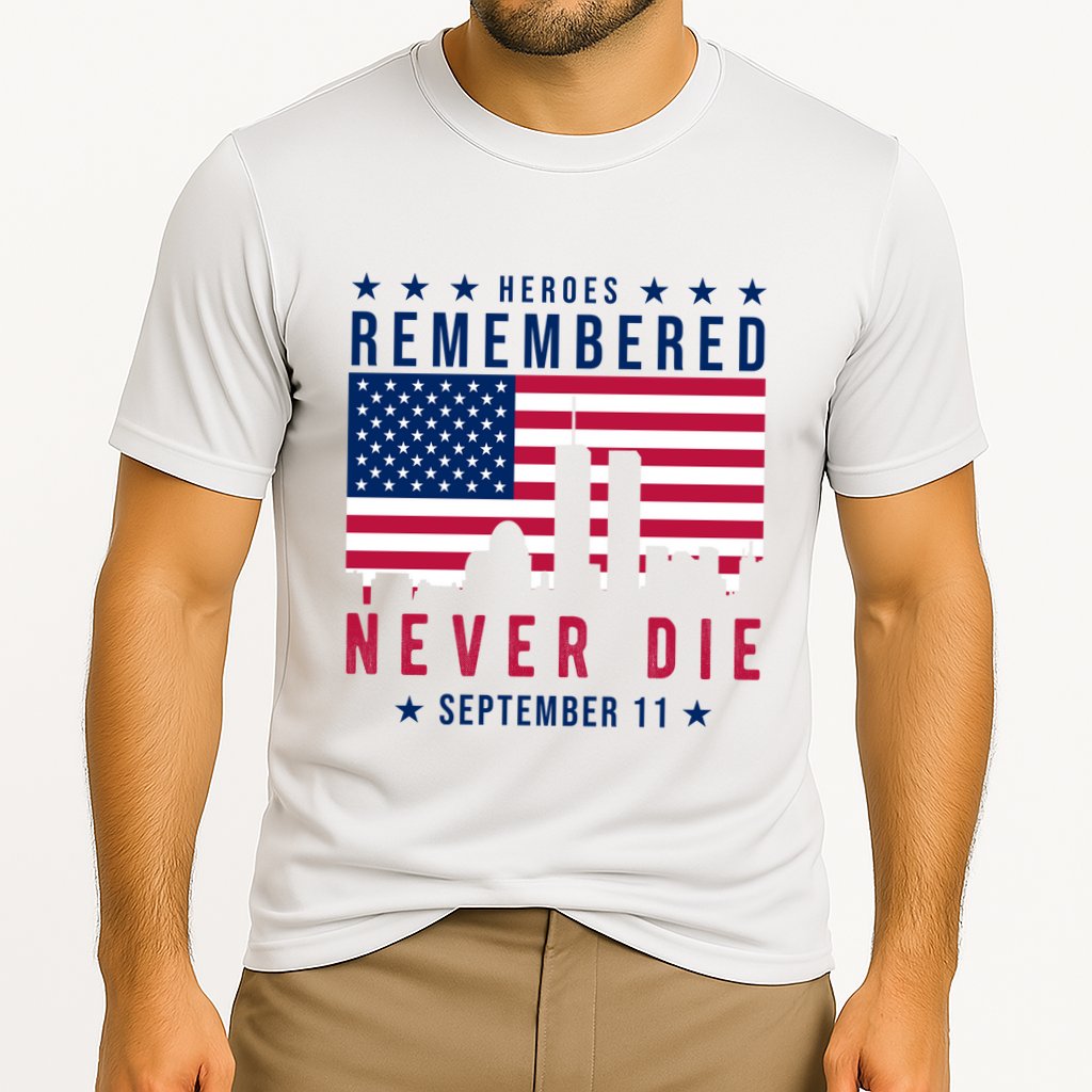 Heroes Remembered Never Die 911 American Flag Cooling Performance Crew T-Shirt