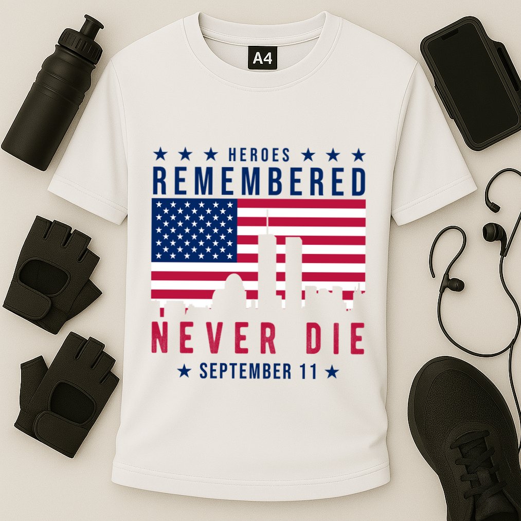 Heroes Remembered Never Die 911 American Flag Cooling Performance Crew T-Shirt