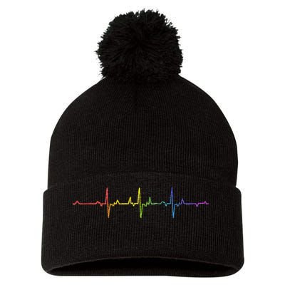 Heartbeat Rainbow Pride Lgbtq Ally Pulse Colors Pom Pom 12in Knit Beanie