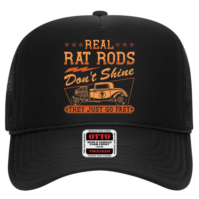 Hot Rod Rusty Car Dont Shine Vintage Rat Rod High Crown Mesh Back Trucker Hat