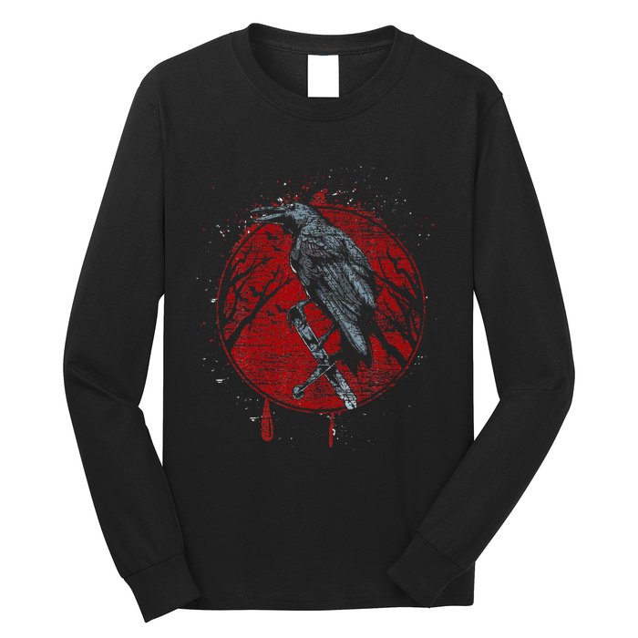 Halloween Raven Red Moon Spooky Night Crow Long Sleeve Shirt