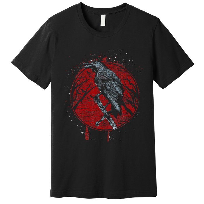 Halloween Raven Red Moon Spooky Night Crow Premium T-Shirt