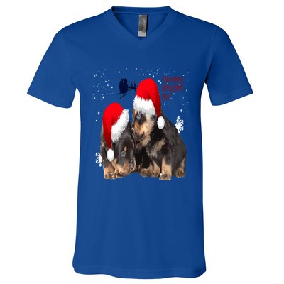 Holiday Ready Rottweilers A Puppy First Christmas Gift V-Neck T-Shirt