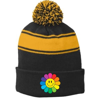 Happy Retro Rainbow Flower Stripe Pom Pom Beanie