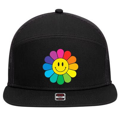 Happy Retro Rainbow Flower 7 Panel Mesh Trucker Snapback Hat