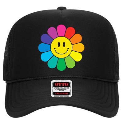 Happy Retro Rainbow Flower High Crown Mesh Back Trucker Hat