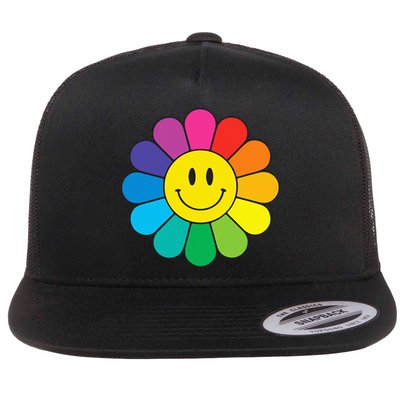 Happy Retro Rainbow Flower Flat Bill Trucker Hat