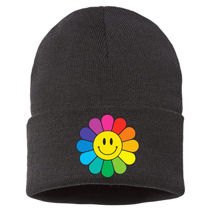 Happy Retro Rainbow Flower Sustainable Knit Beanie