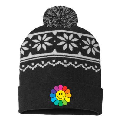 Happy Retro Rainbow Flower USA-Made Snowflake Beanie