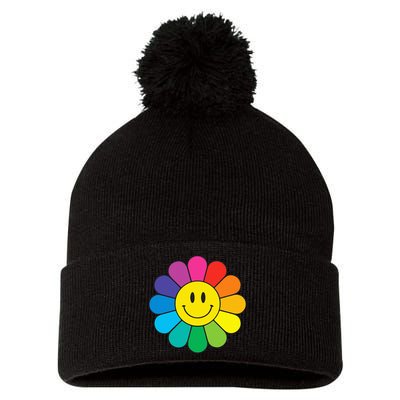 Happy Retro Rainbow Flower Pom Pom 12in Knit Beanie