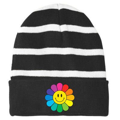 Happy Retro Rainbow Flower Striped Beanie with Solid Band