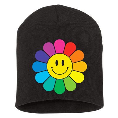 Happy Retro Rainbow Flower Short Acrylic Beanie