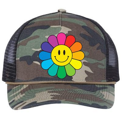 Happy Retro Rainbow Flower Retro Rope Trucker Hat Cap