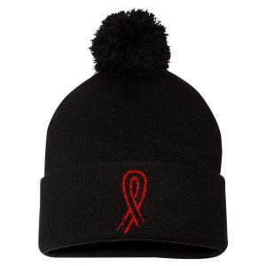 Hiv Red Ribbon World Aids Day Pom Pom 12in Knit Beanie