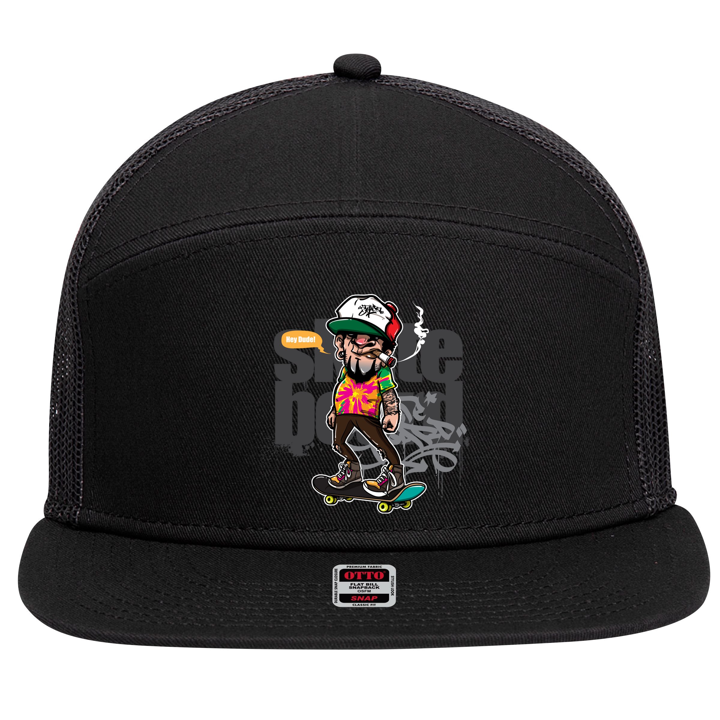 Hipster Riding Skateboard 7 Panel Mesh Trucker Snapback Hat