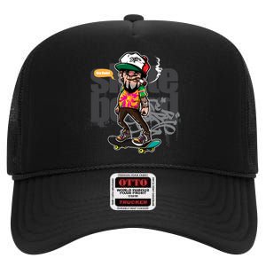 Hipster Riding Skateboard High Crown Mesh Back Trucker Hat