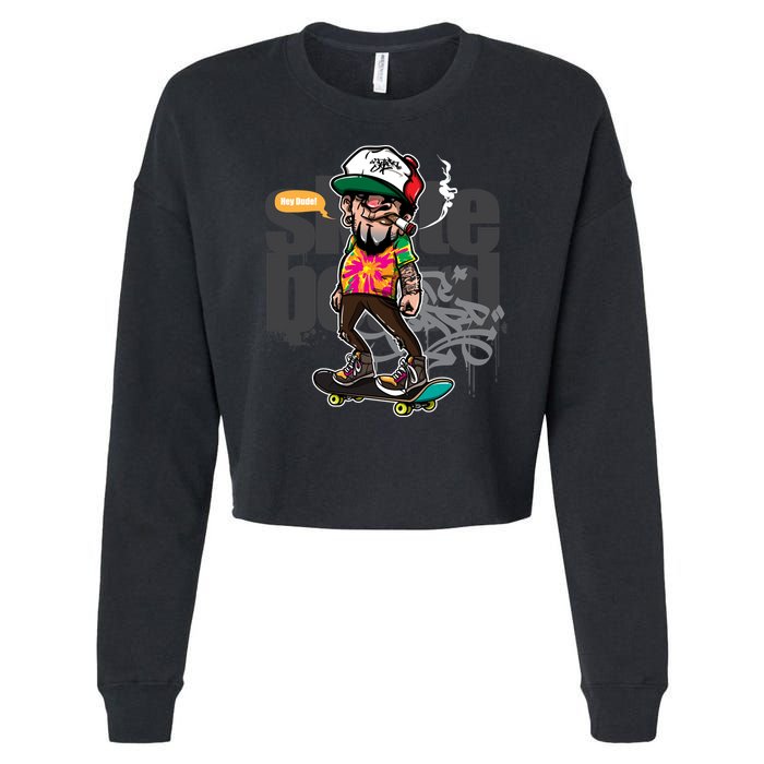 Hipster Riding Skateboard Cropped Pullover Crew