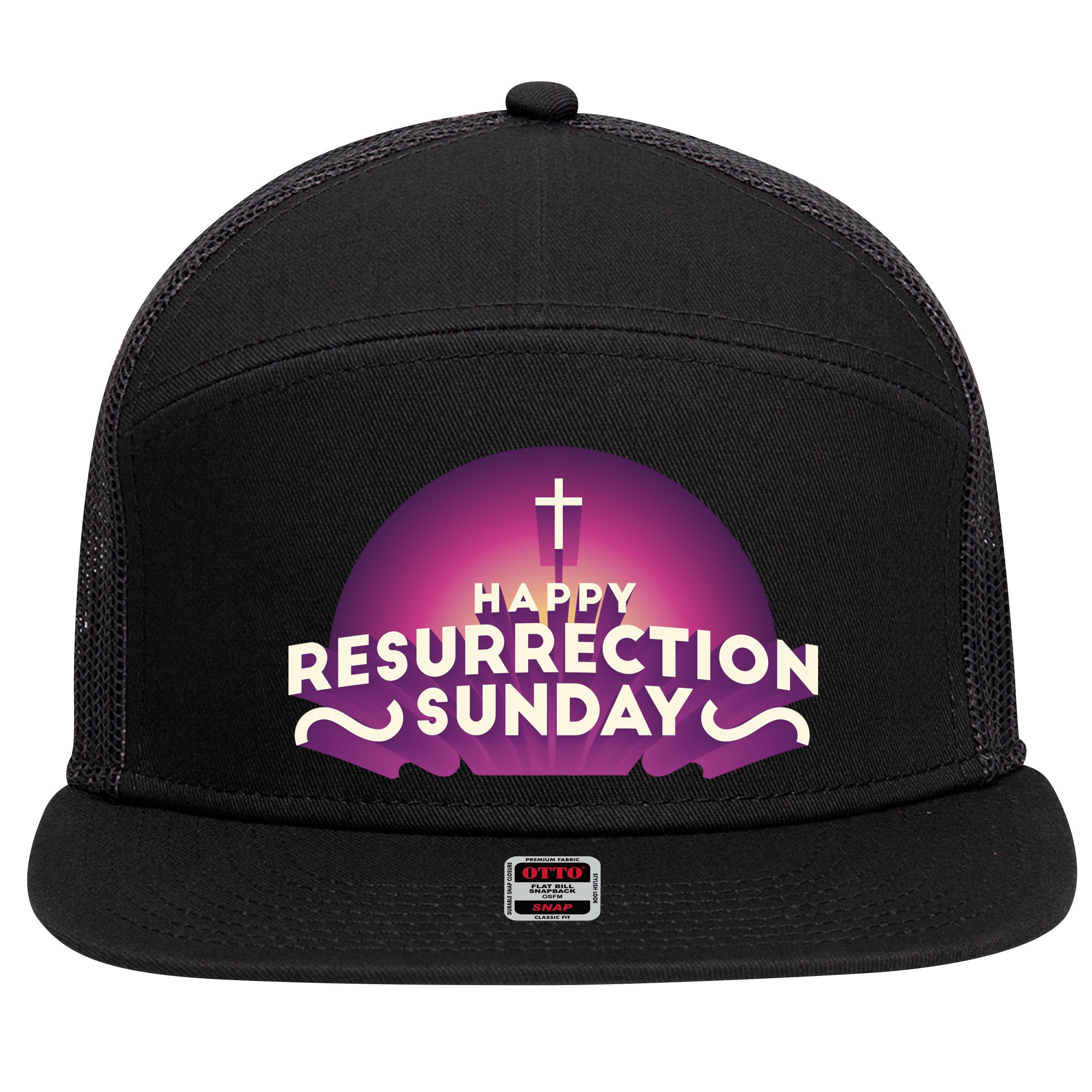 Happy Resurrection Sunday Cross 7 Panel Mesh Trucker Snapback Hat