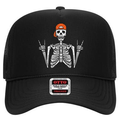 Halloween Rocker Skeleton Rock Hand Skater Cool Boy High Crown Mesh Back Trucker Hat