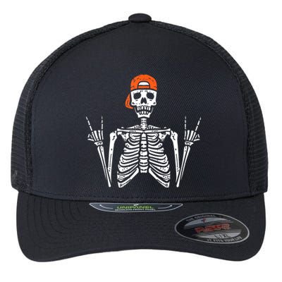 Halloween Rocker Skeleton Rock Hand Skater Cool Boy Flexfit Unipanel Trucker Cap