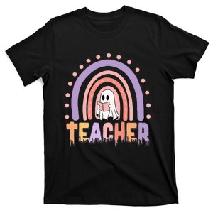 Halloween Rainbow Teacher Reading Ghost T-Shirt