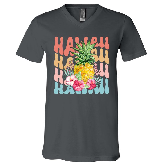 Hawaii Retro Tropical Pineapple Floral V-Neck T-Shirt