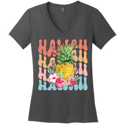 Hawaii Retro Tropical Pineapple Floral Women's V-Neck T-Shirt