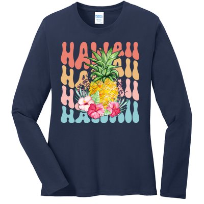 Hawaii Retro Tropical Pineapple Floral Ladies Long Sleeve Shirt