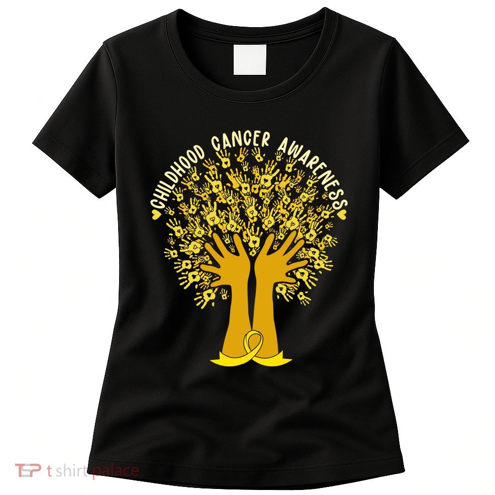 Handprint Ribbon Tree Childhood Cancer Awareness Womens T-Shirt
