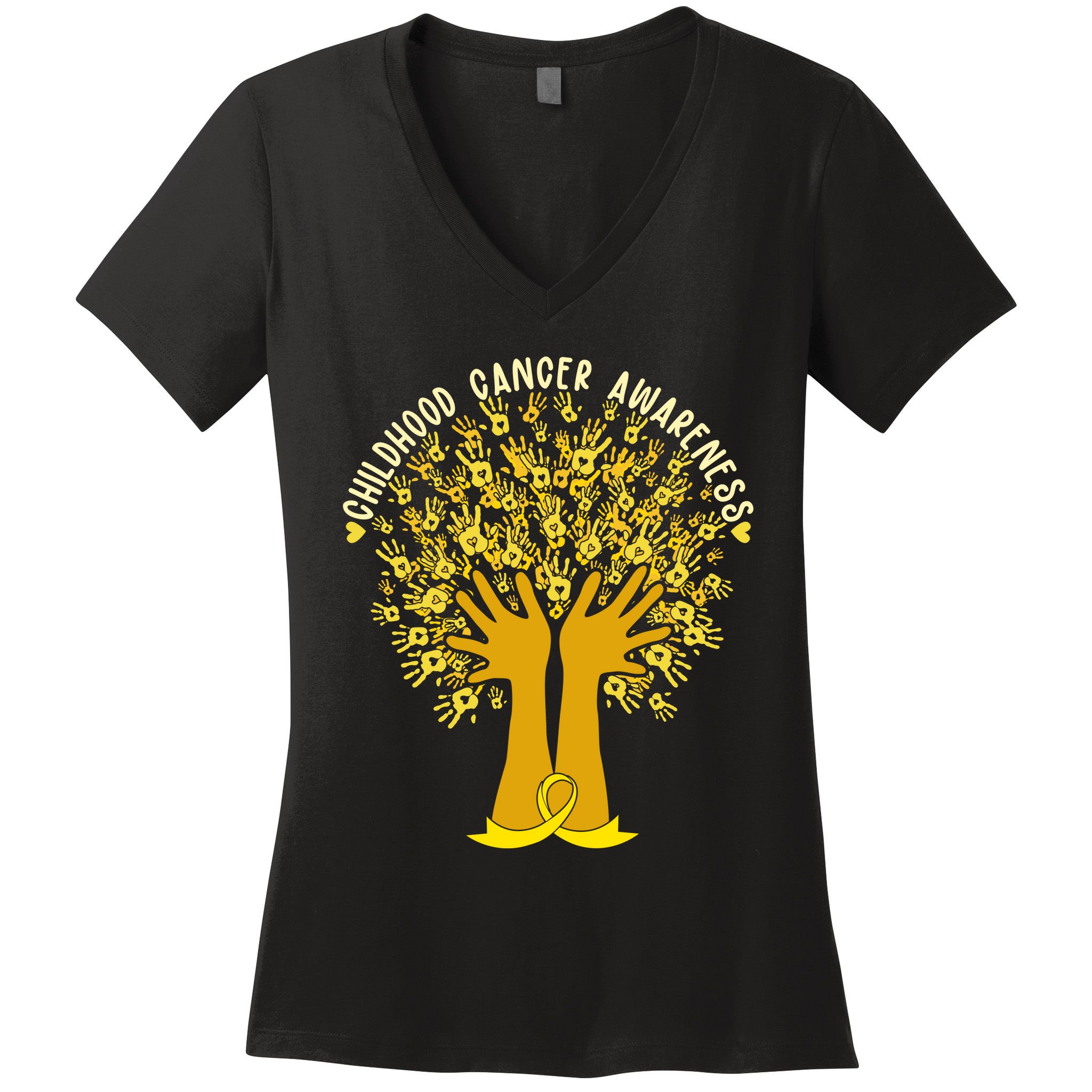 Handprint Ribbon Tree Childhood Cancer Awareness Women's V-Neck T-Shirt
