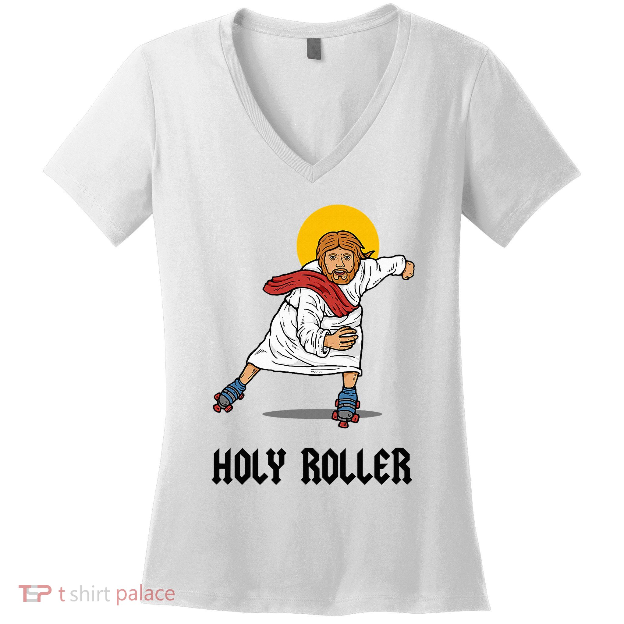 Holy Roller T Jesus Roller Skates Skating Women's V-Neck T-Shirt