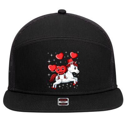 Heart Riding Unicorn Valentines Day Cute Mystical Magical Gift 7 Panel Mesh Trucker Snapback Hat