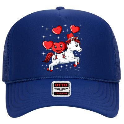 Heart Riding Unicorn Valentines Day Cute Mystical Magical Gift High Crown Mesh Back Trucker Hat