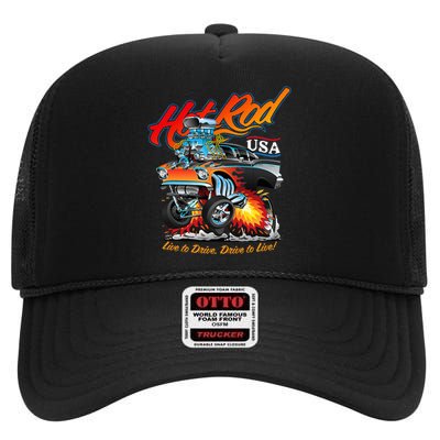 Hot Rod Usa Classic Muscle Car Cartoon Hotrod Funny Car High Crown Mesh Back Trucker Hat