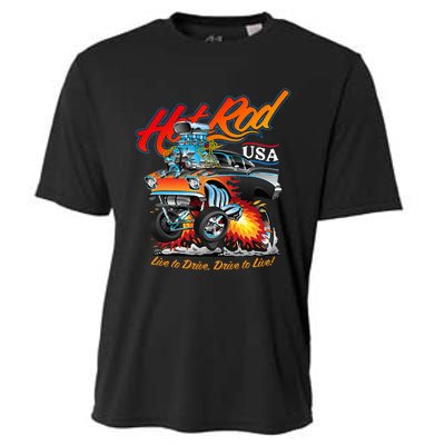 Hot Rod Usa Classic Muscle Car Cartoon Hotrod Funny Car Cooling Performance Crew T-Shirt