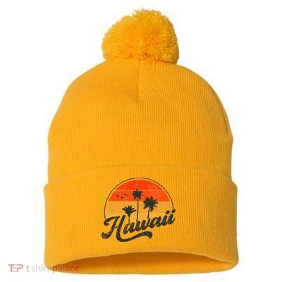 Hawaii Retro Vintage Sunset Pom Pom 12in Knit Beanie