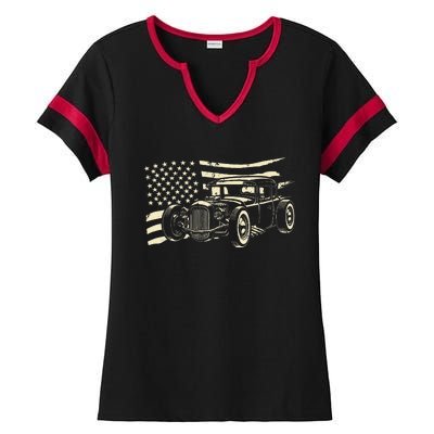 Hot Rod Vintage Us Flag Classic Muscle Car Patriotic Ladies Halftime Notch Neck Tee