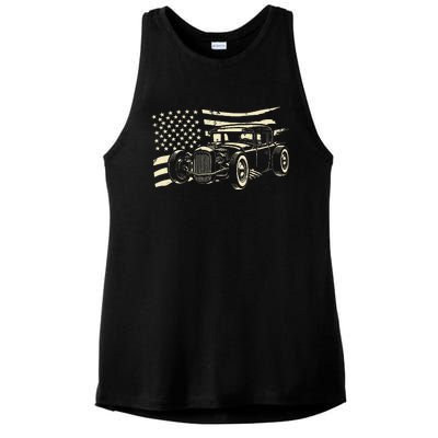 Hot Rod Vintage Us Flag Classic Muscle Car Patriotic Ladies PosiCharge Tri-Blend Wicking Tank