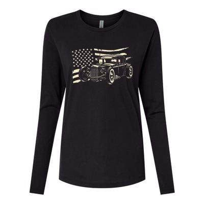 Hot Rod Vintage Us Flag Classic Muscle Car Patriotic Womens Cotton Relaxed Long Sleeve T-Shirt