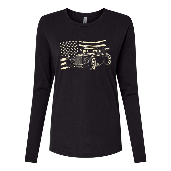 Hot Rod Vintage Us Flag Classic Muscle Car Patriotic Womens Cotton Relaxed Long Sleeve T-Shirt