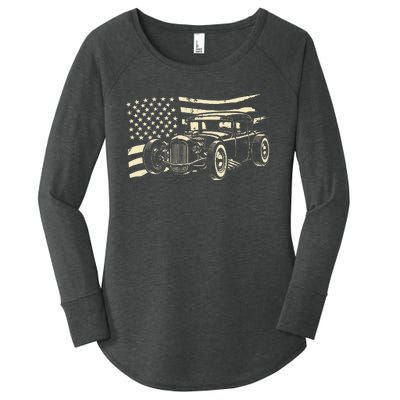 Hot Rod Vintage Us Flag Classic Muscle Car Patriotic Women's Perfect Tri Tunic Long Sleeve Shirt