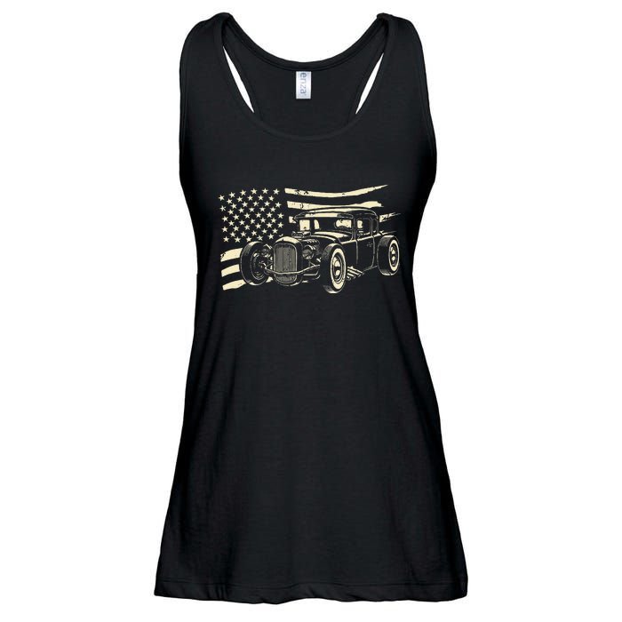 Hot Rod Vintage Us Flag Classic Muscle Car Patriotic Ladies Essential Flowy Tank