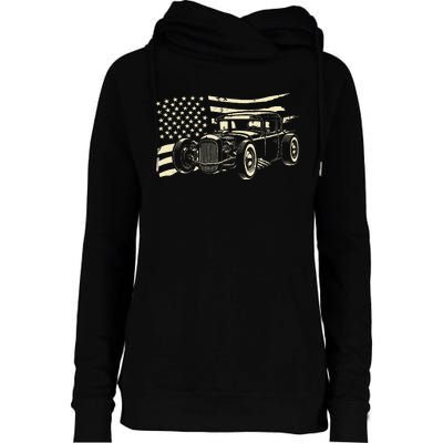 Hot Rod Vintage Us Flag Classic Muscle Car Patriotic Womens Funnel Neck Pullover Hood