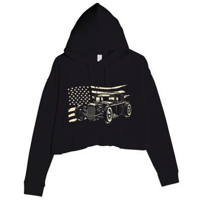 Hot Rod Vintage Us Flag Classic Muscle Car Patriotic Crop Fleece Hoodie