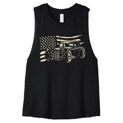 Hot Rod Vintage Us Flag Classic Muscle Car Patriotic Women's Racerback Cropped Tank